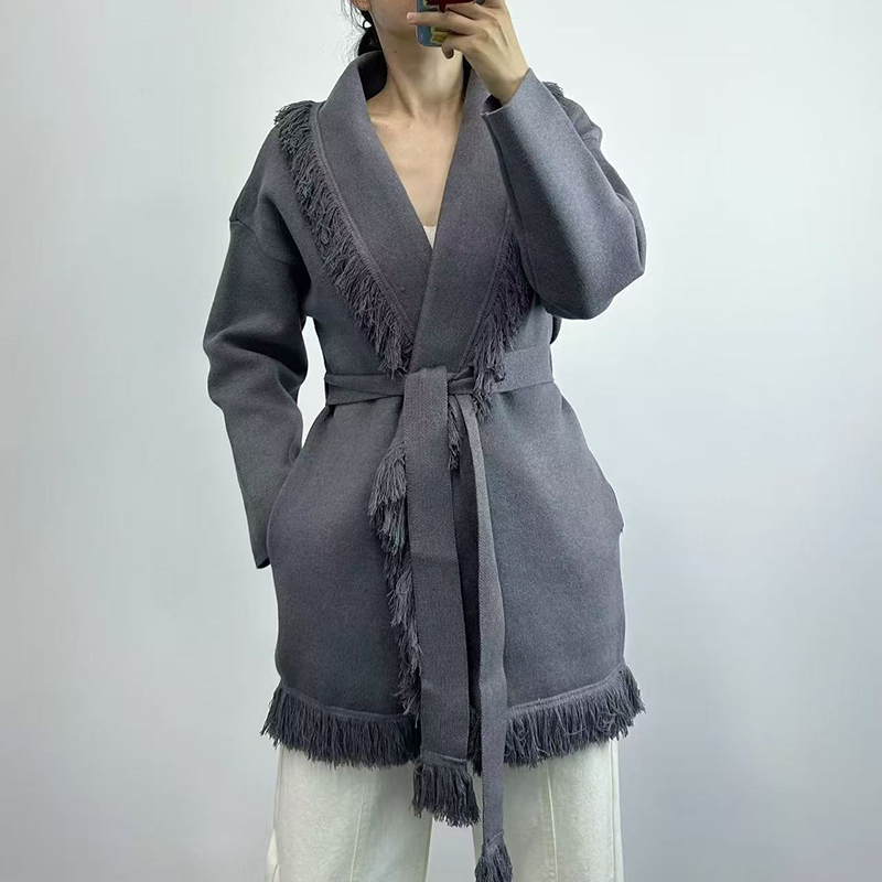 Wool Coat Peacoat - Długi wełniany kardigan damski z frędzlami,
